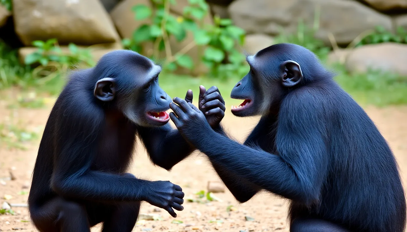 A group of bonobos is seen engaging in imaginative play, using objects to mimic reallife scenarios in a controlled environment.