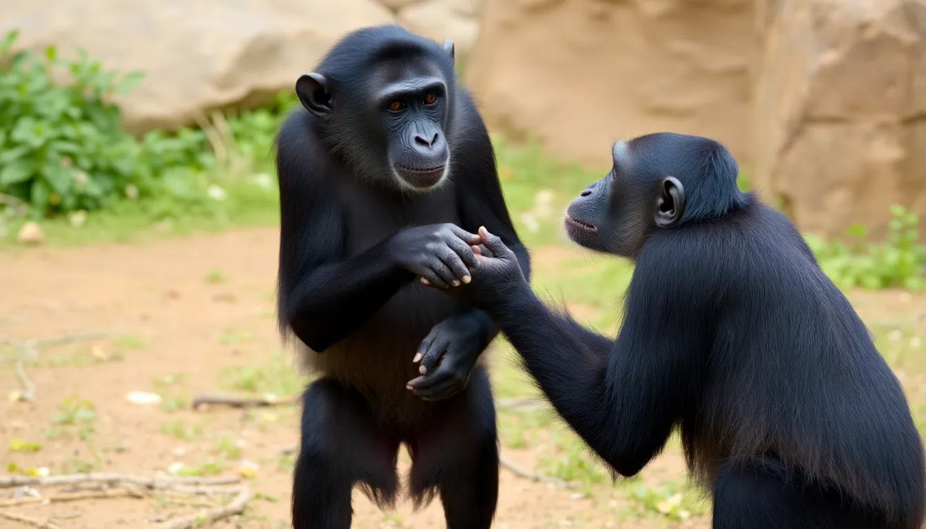 A young bonobo practicing social negotiation skills during playtime, highlighting the importance of imaginative play for cognitive development