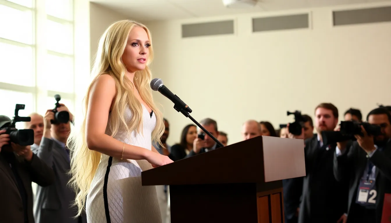 Britney Spears stands confidently at a press conference, announcing the sale of her entire music catalogue, a significant milestone in her career after years of legal battles.
