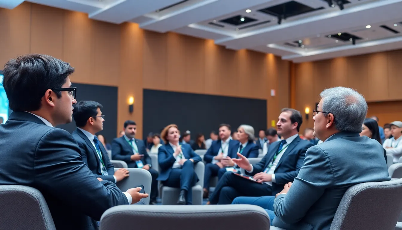 A group of business professionals engages in a workshop, practicing agility and strategic thinking techniques inspired by martial arts principles.