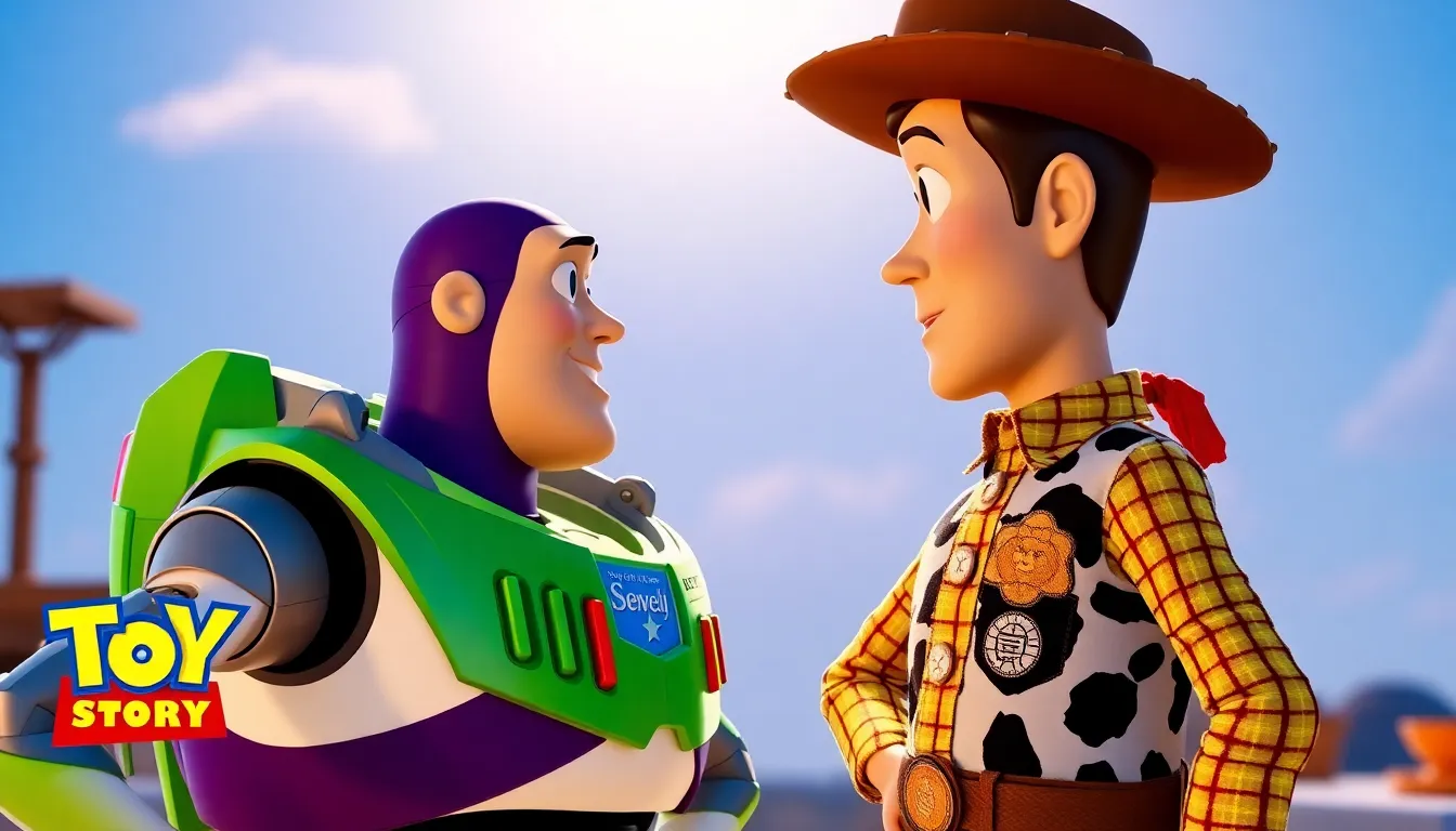 Buzz Lightyear and Woody stand together in a vibrant setting, showcasing their friendship and excitement as they prepare for new adventures in Toy Story 5.