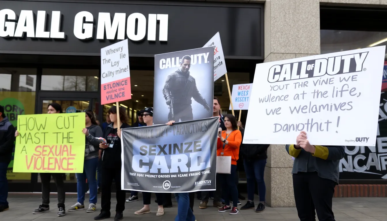 A group of protesters holds signs outside a building, voicing their opposition to the banned Call of Duty advertisement that they believe trivializes sexual violence.