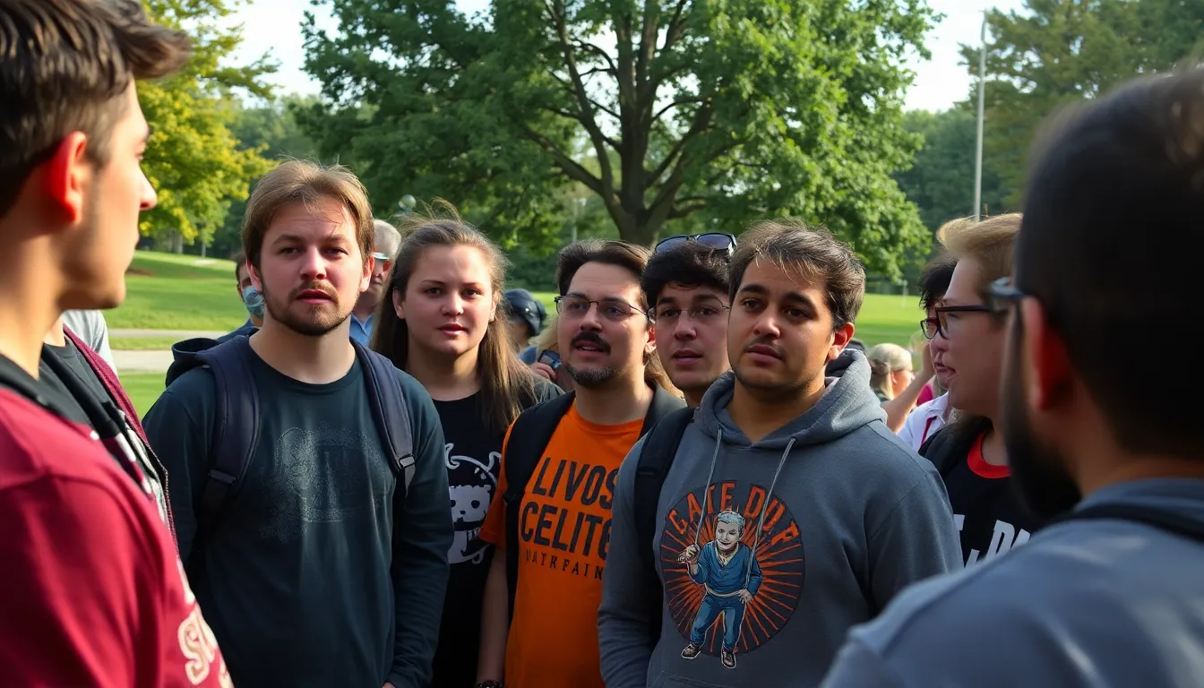 A group of gamers discusses the upcoming shutdown of Call of Duty Warzone Mobile, expressing a mix of nostalgia and disappointment in a crowded gaming café.
