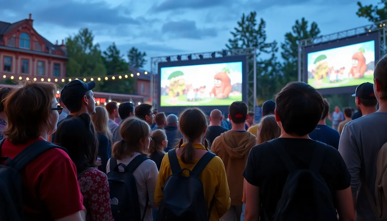 A group of animators discusses their latest projects at a bustling industry event, showcasing the vibrant atmosphere of Canada's animation sector.