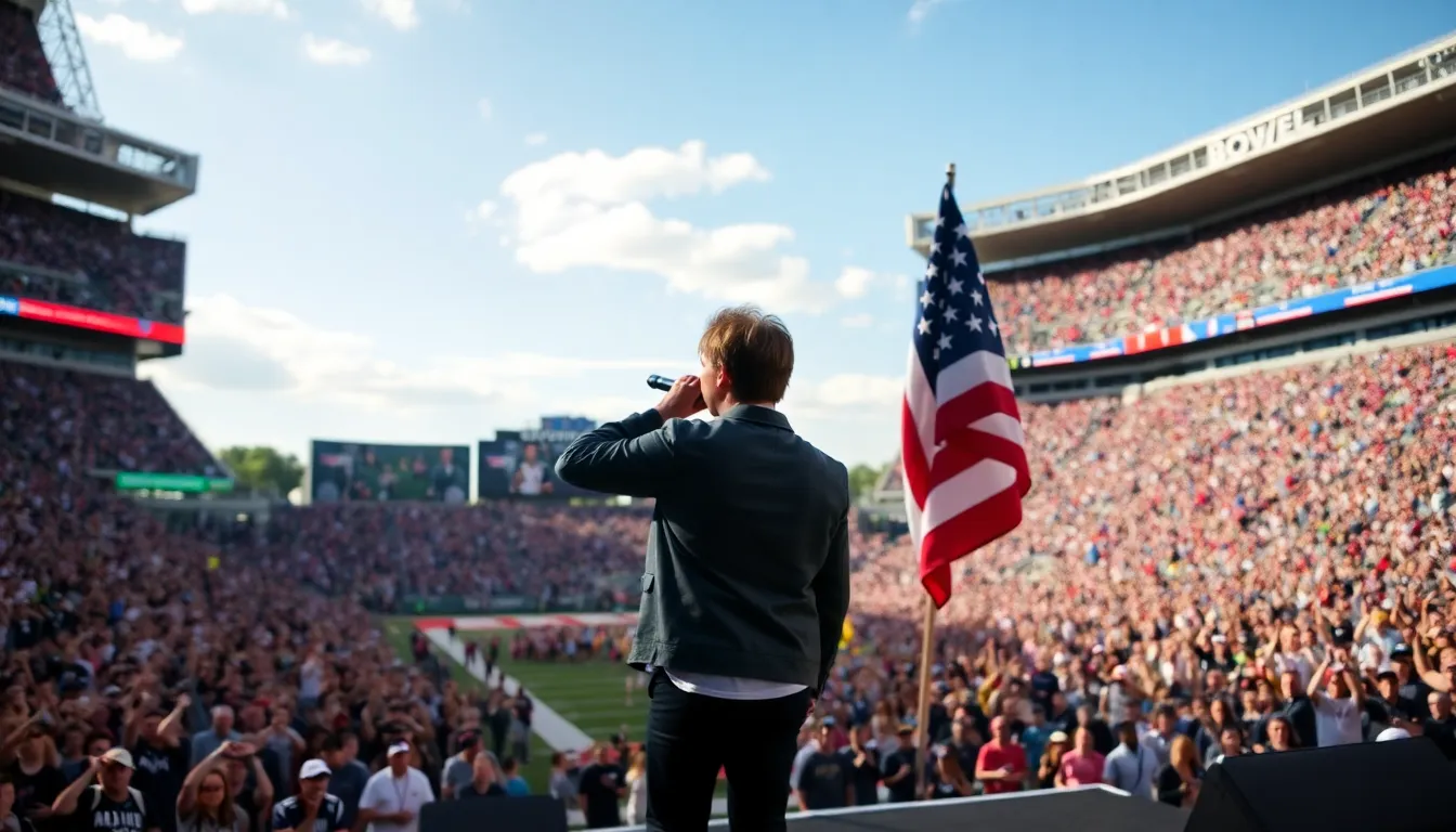 Charlie Puth stands center stage at State Farm Stadium, passionately singing the national anthem before a captivated audience during Super Bowl LVII.