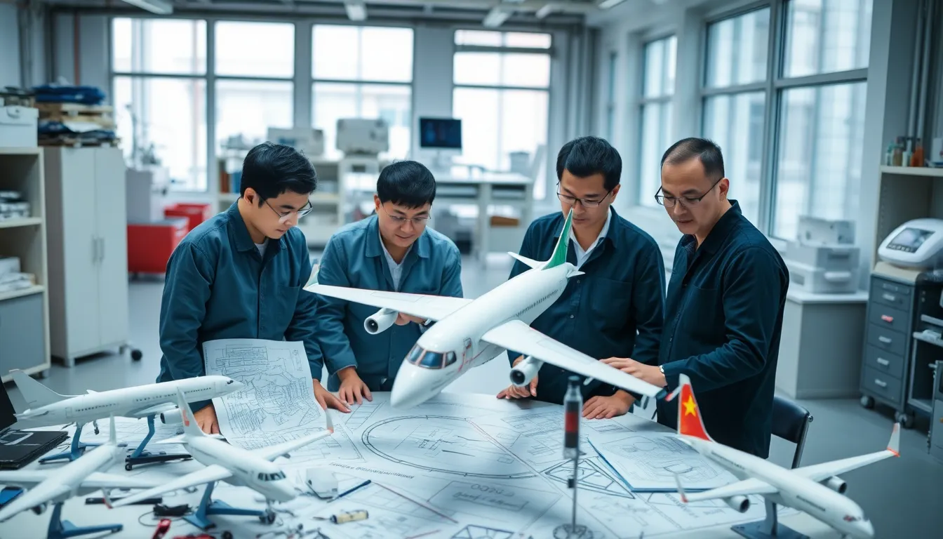 A group of engineers stands beside the newly certified C919 aircraft at a Chinese airport, discussing its features and potential impact on the aviation market.