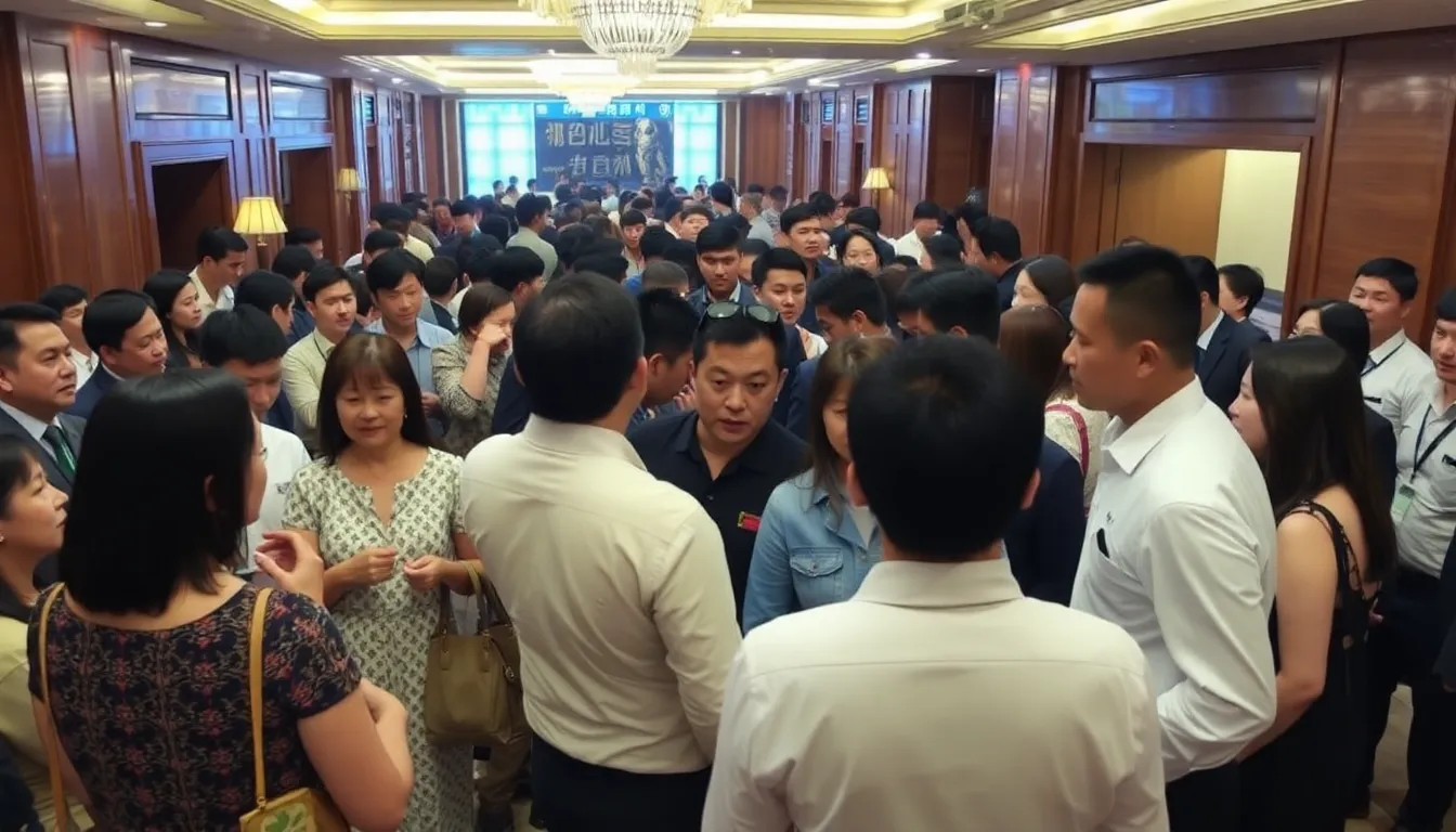A distressed couple stands outside a hotel in Hangzhou, surrounded by reporters and cameras, as they discuss the violation of their privacy after discovering they were unknowingly broadcast during an intimate moment.