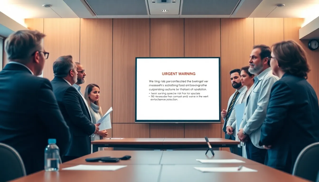 A group of business leaders gathers at a conference table, discussing strategies for implementing sustainable practices to combat environmental challenges.