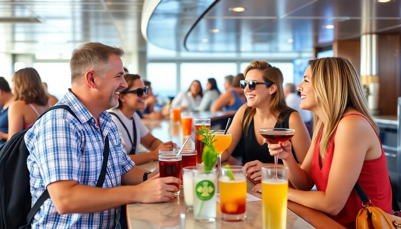 Passengers enjoy a variety of cocktails and drinks at a bustling bar on a cruise ship, highlighting the latest beverage package offerings.