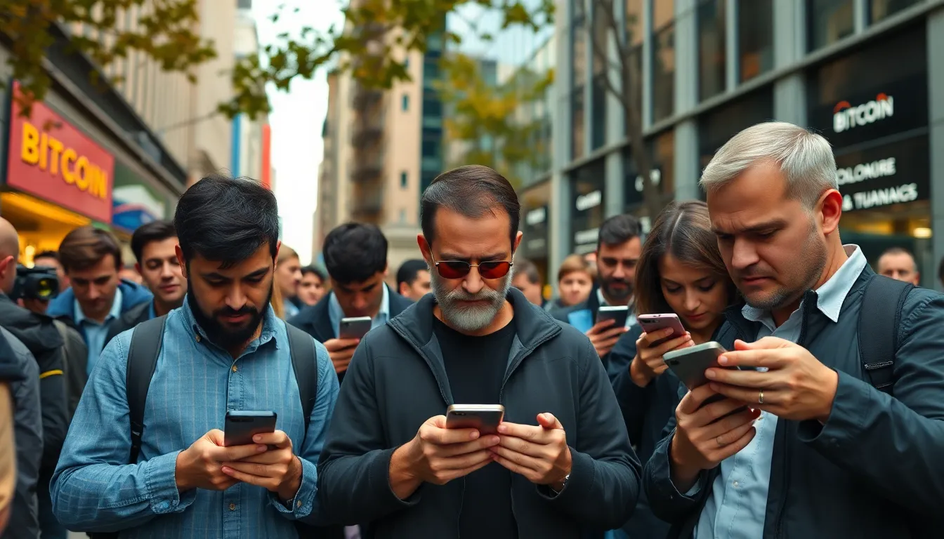 A group of anxious investors watches a digital screen displaying plummeting cryptocurrency prices at a trading firm, reflecting the growing uncertainty in the market.
