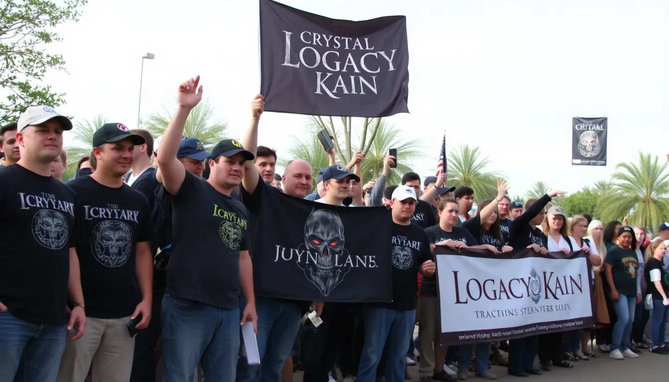 A crowd of enthusiastic gamers gathers at a gaming event, eagerly watching the stage as Crystal Dynamics announces the new Legacy of Kain game and Soul Reaver remaster.