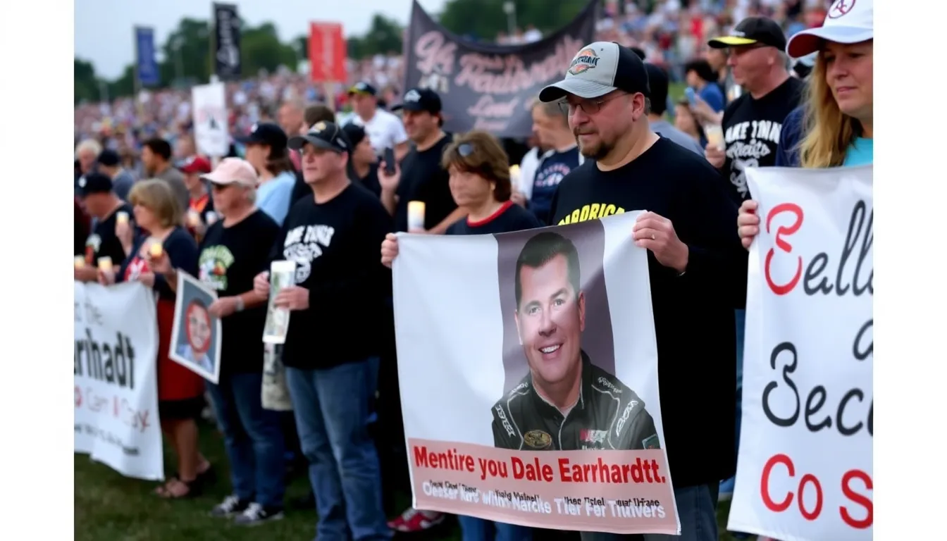 A group of fans gathers at a memorial site adorned with flowers and memorabilia, honoring Dale Earnhardt on the 25th anniversary of his death.