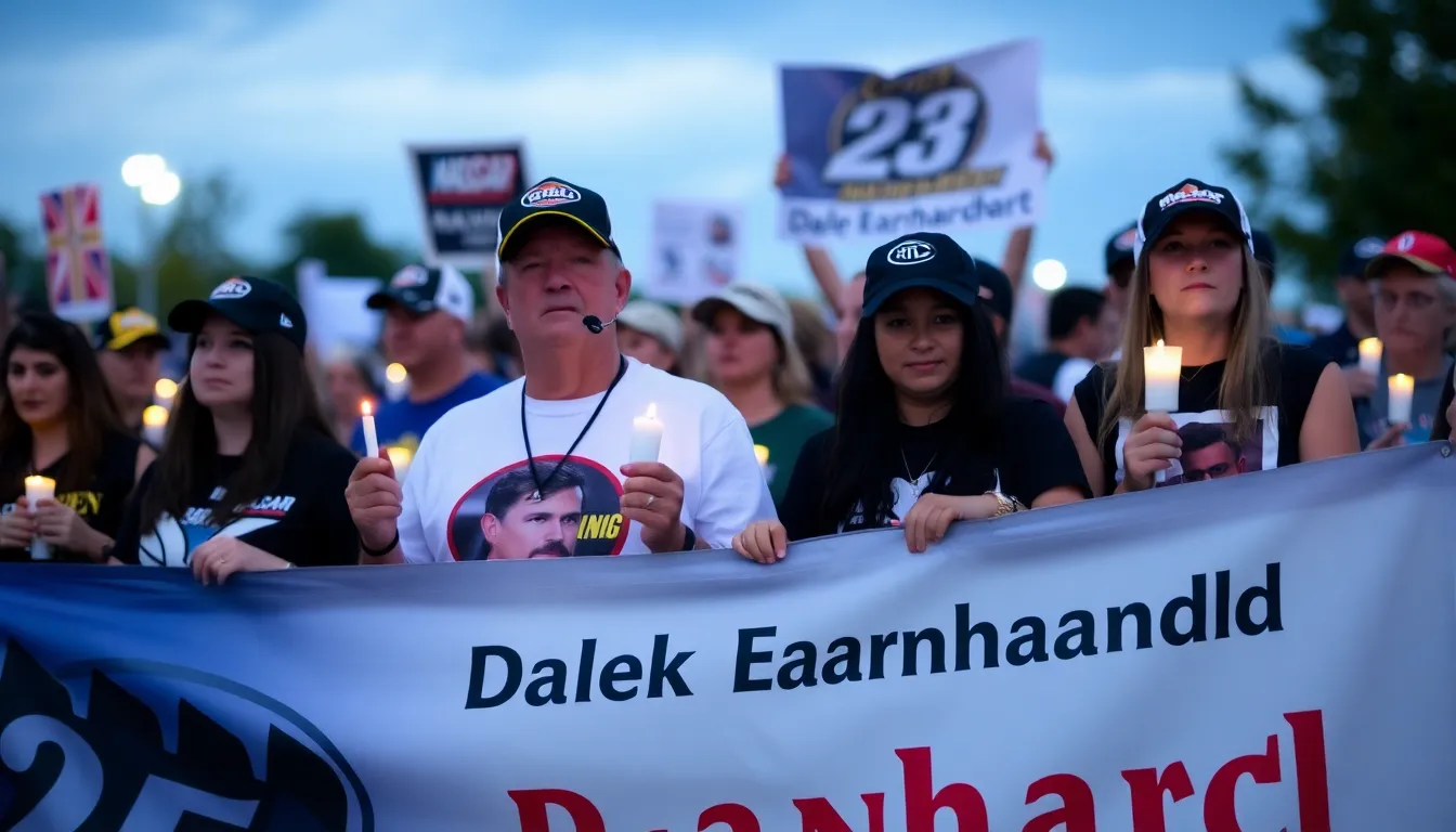 A packed grandstand filled with passionate NASCAR fans, celebrating the sport's history while remembering the importance of driver safety
