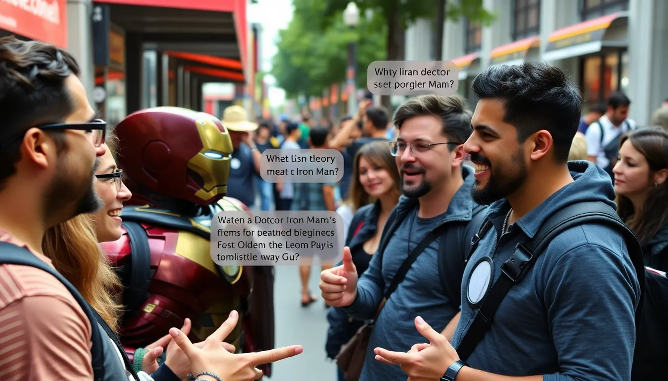 A crowd of Marvel fans gathers at a ComicCon event, eagerly discussing theories about the potential connection between Doctor Doom and Iron Man in the upcoming film.