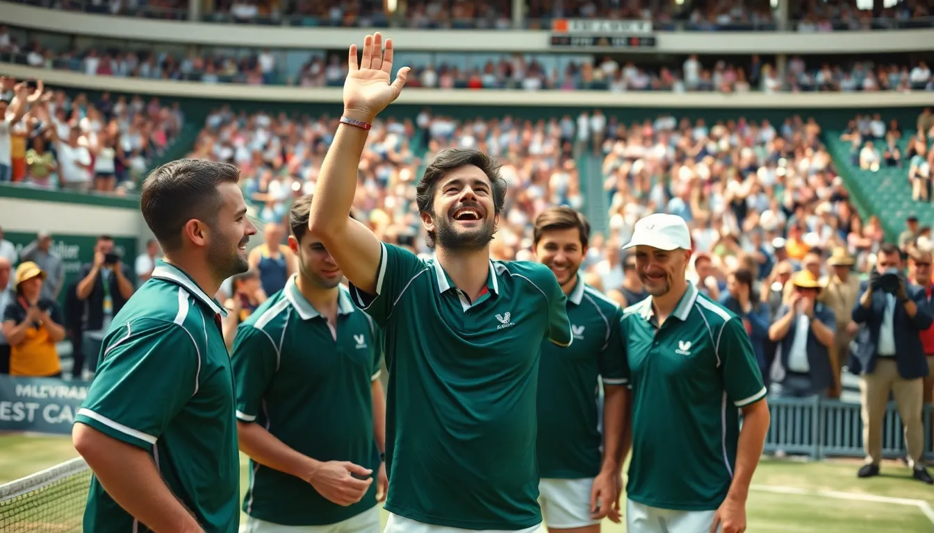 Jack Draper celebrates his victory in the Davis Cup, raising his arms in triumph as teammates cheer in the background.