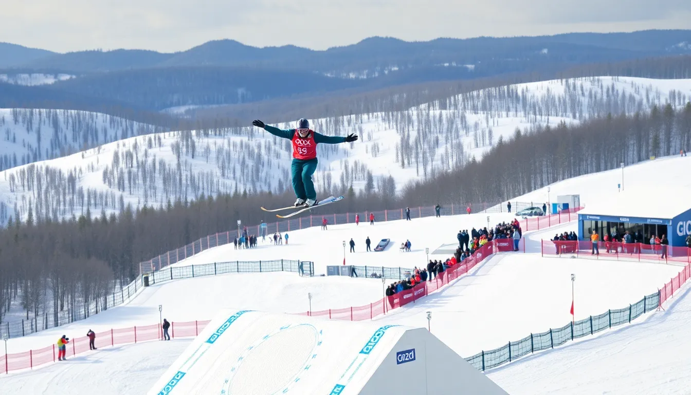 A closeup of Eddie adjusting his ski gear with focused determination, symbolizing the preparation and dedication required for competitive ski jumping