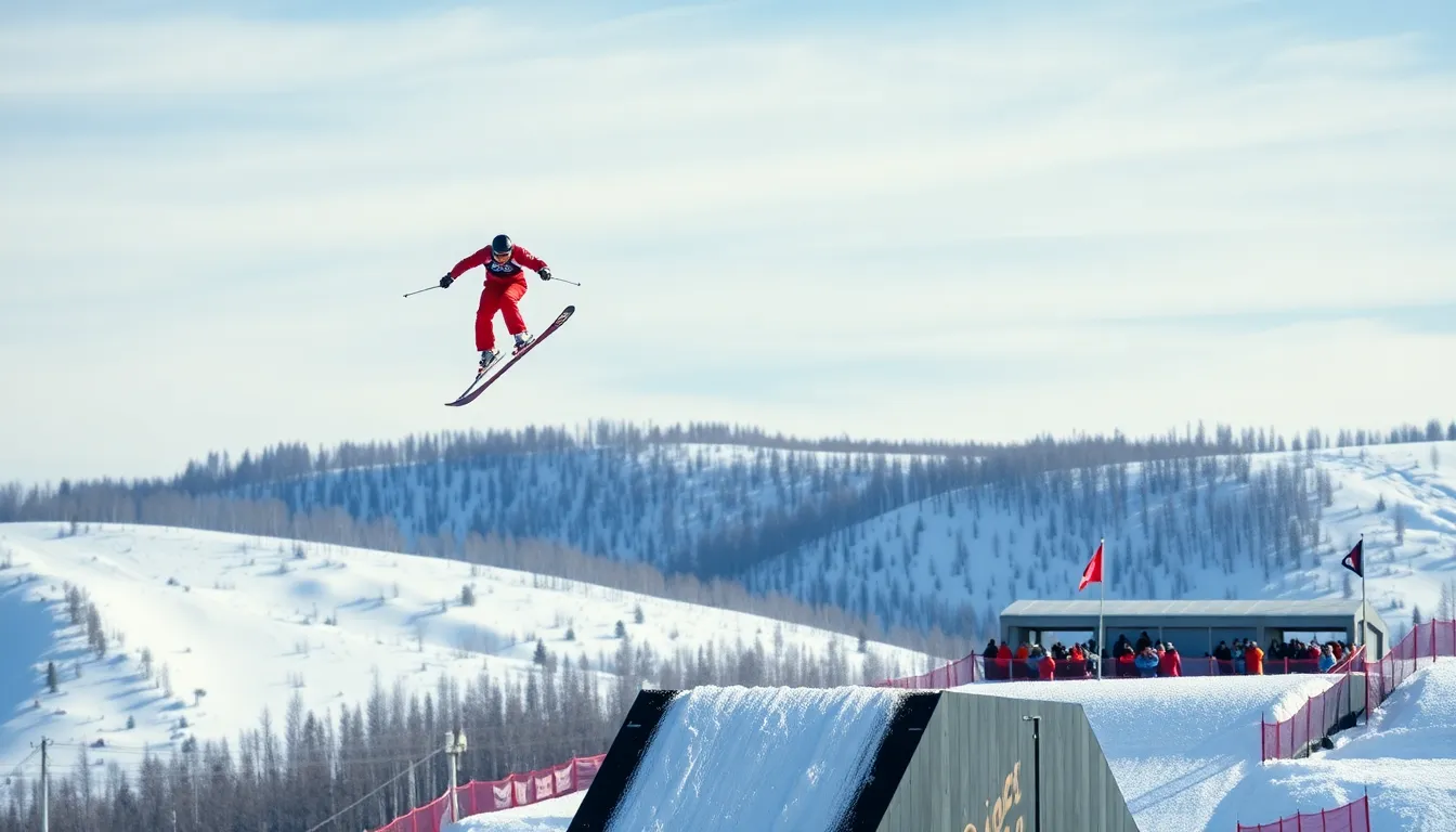 A panoramic view of a ski jumping event, capturing the excitement and energy as athletes from around the world compete for a chance at Olympic glory