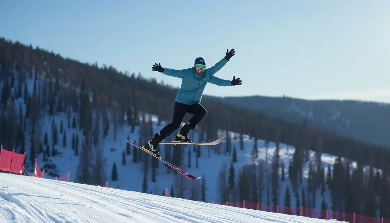 Eddie stands atop the ski jump, ready to take off, embodying the thrill and excitement of pursuing his Olympic dreams