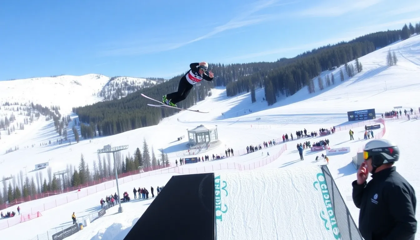 Eddie practices his ski jumping technique on a snowy slope, focused and determined as he prepares for the upcoming Olympic trials.