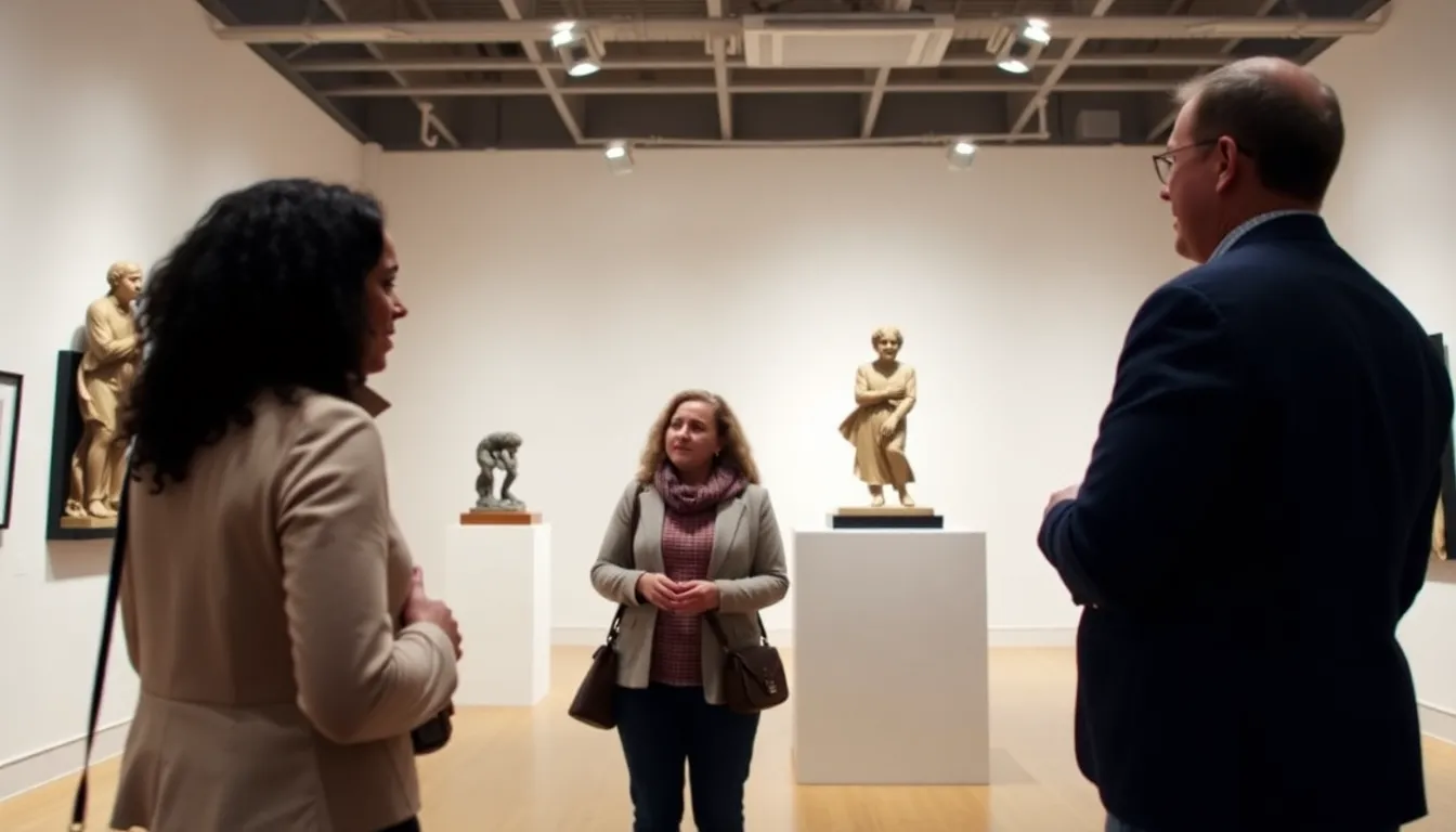 A diverse group of art enthusiasts gathers at the Brooklyn Museum, admiring the sculptures of Edmonia Lewis during a major exhibition celebrating her contributions to art history.