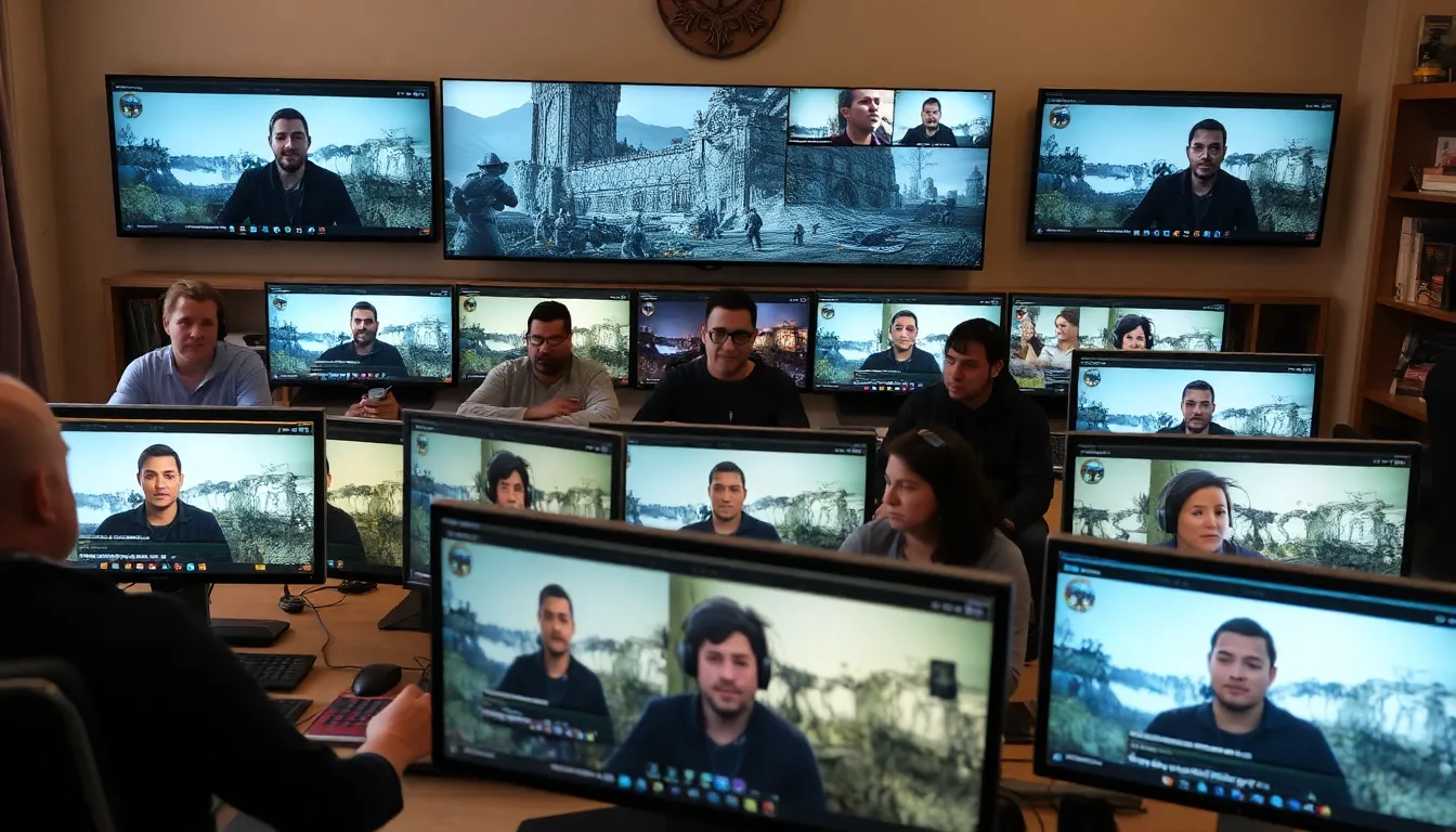 A group of gamers eagerly discusses the upcoming changes to Elder Scrolls Online's content strategy during a gaming convention, surrounded by promotional banners and merchandise.