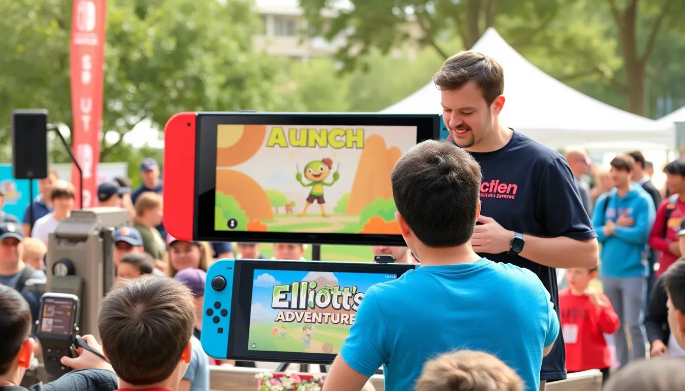 A group of excited gamers gathers around a television screen, eagerly discussing the newly announced game The Adventures of Elliot for the Nintendo Switch 2.