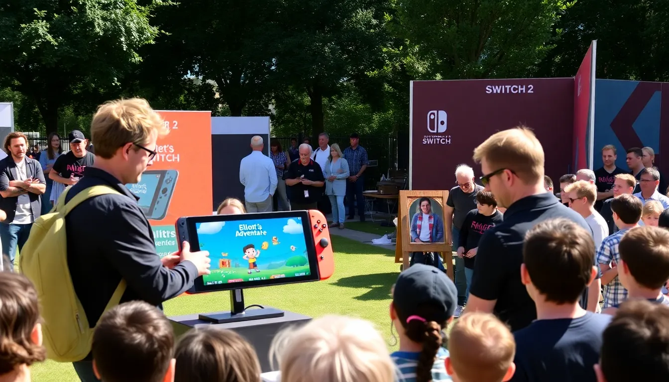 A family gathered around the Nintendo Switch, eagerly trying out the demo of The Adventures of Elliot together