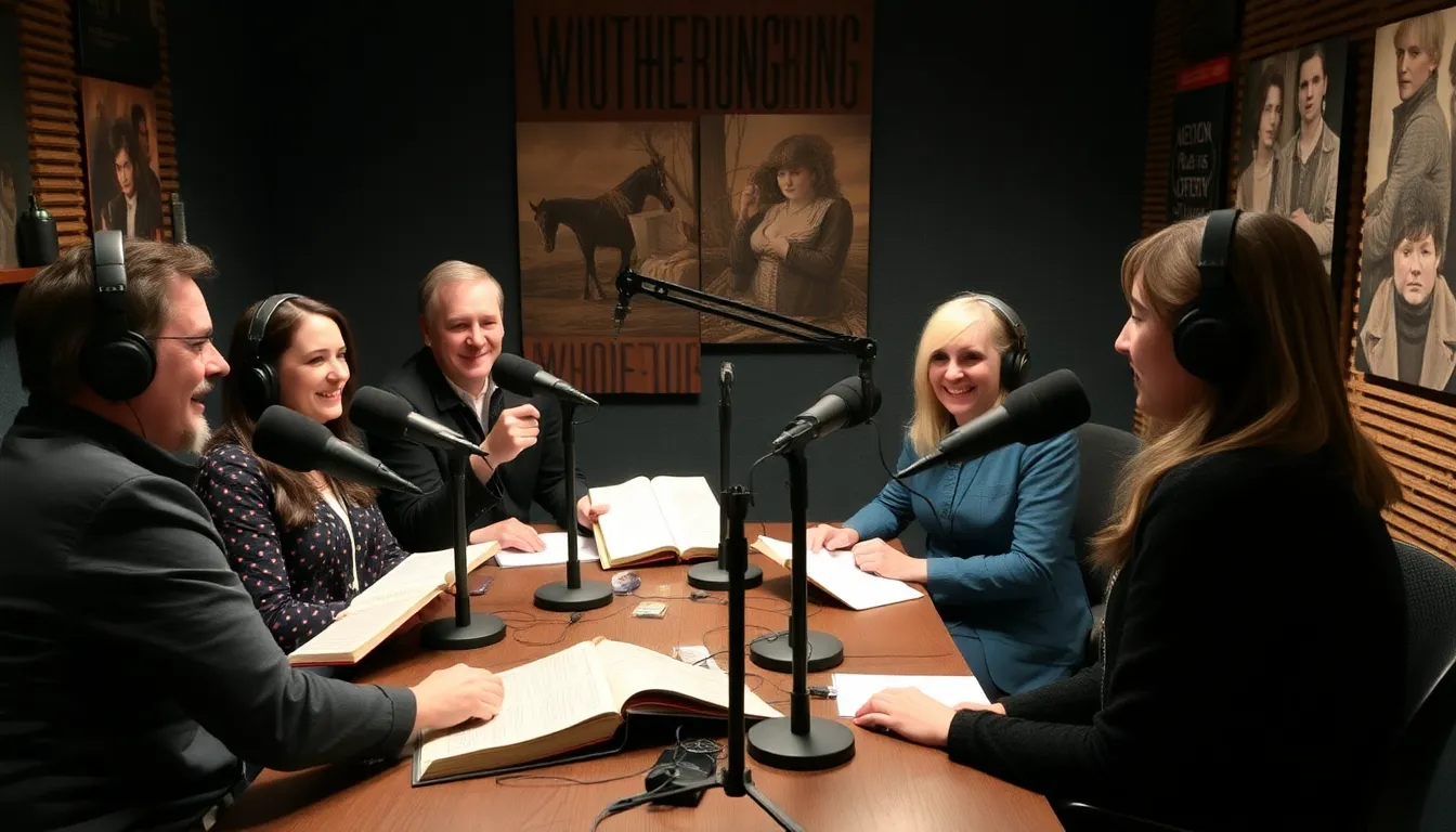 A group of podcast hosts passionately discussing themes from Emily Brontë's Wuthering Heights during a live recording session in a cozy studio filled with books and literary decor.