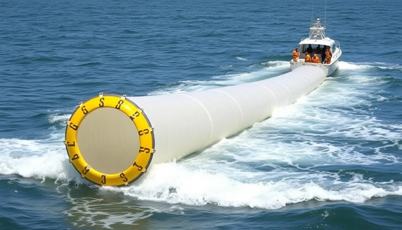 A closeup view of the unsinkable tubes designed to capture energy from ocean currents, showcasing their advanced engineering features