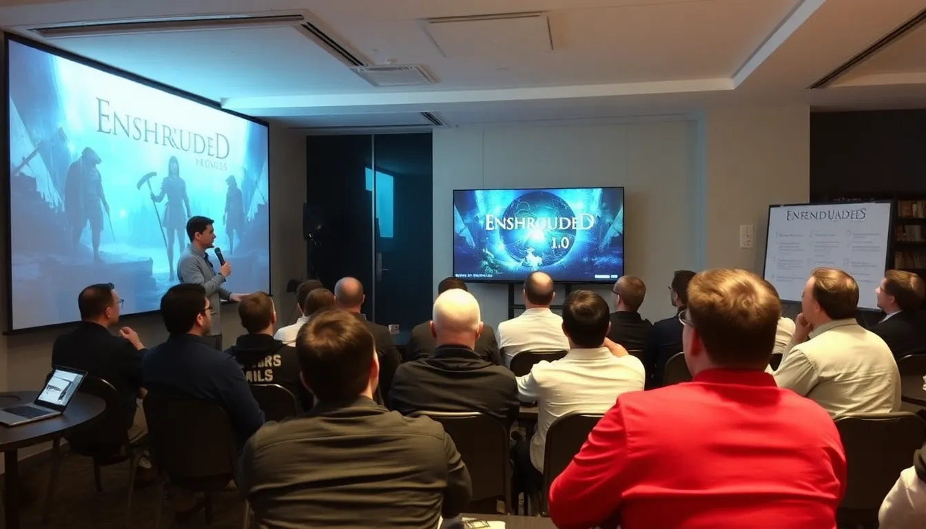 A group of enthusiastic gamers gathers around a large screen, eagerly discussing the upcoming release of Enshrouded 1.0 while showcasing gameplay footage at a gaming event.