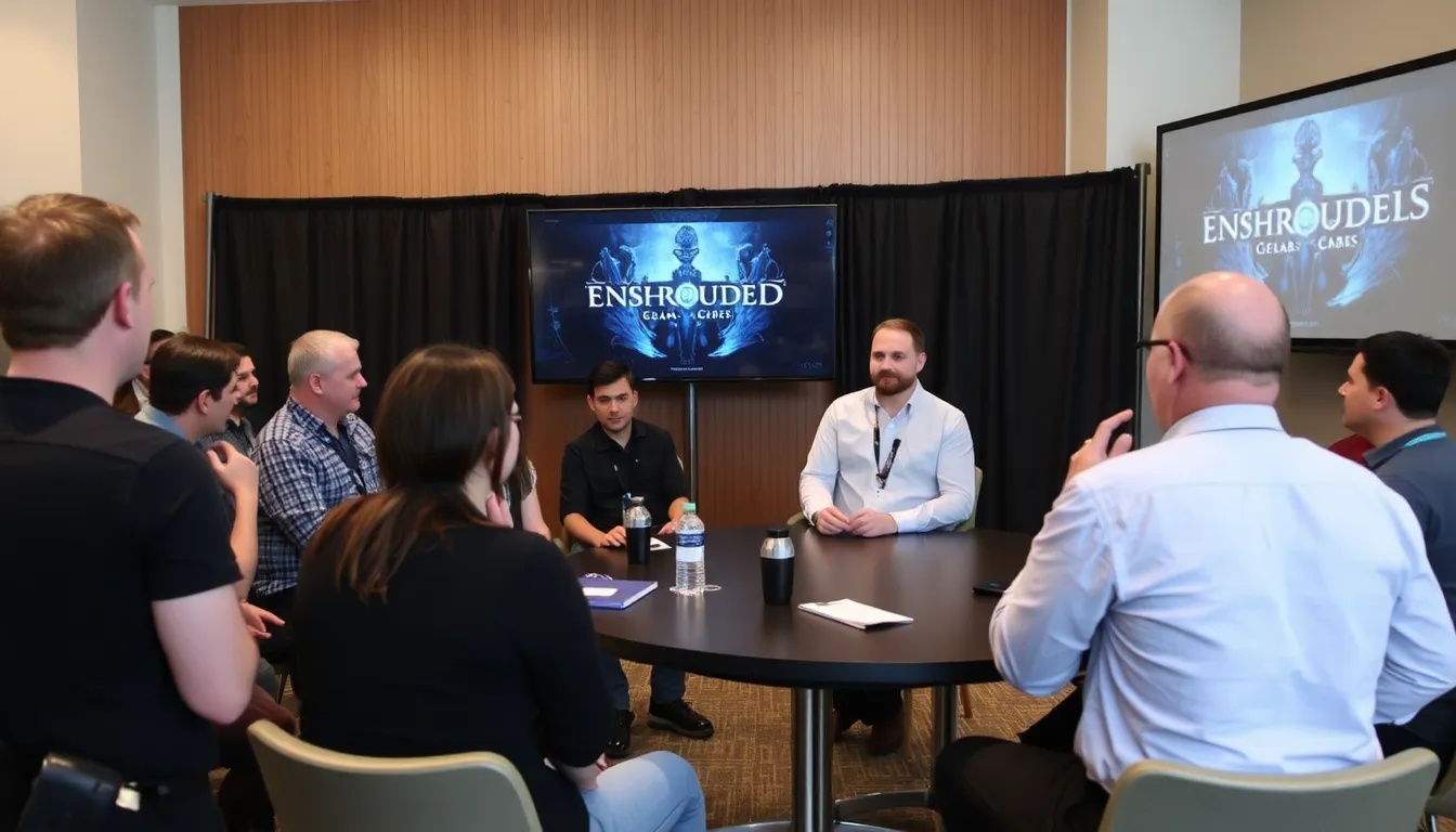 A group of players collaborating in multiplayer mode, engaging in crafting and combat as they explore the depths of the Enshrouded universe together