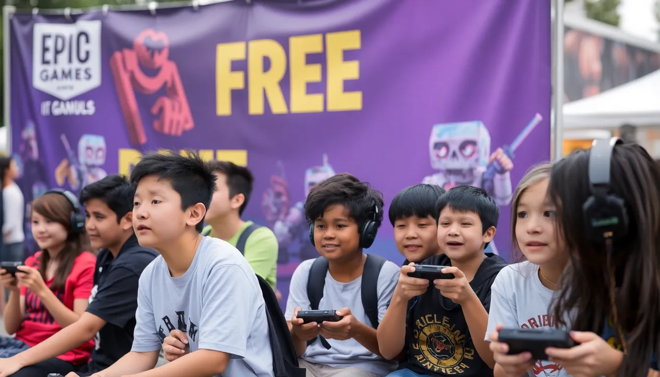 a bustling Epic Games Store storefront showcasing a variety of free game titles, with enthusiastic gamers browsing and discussing their favorite selections.