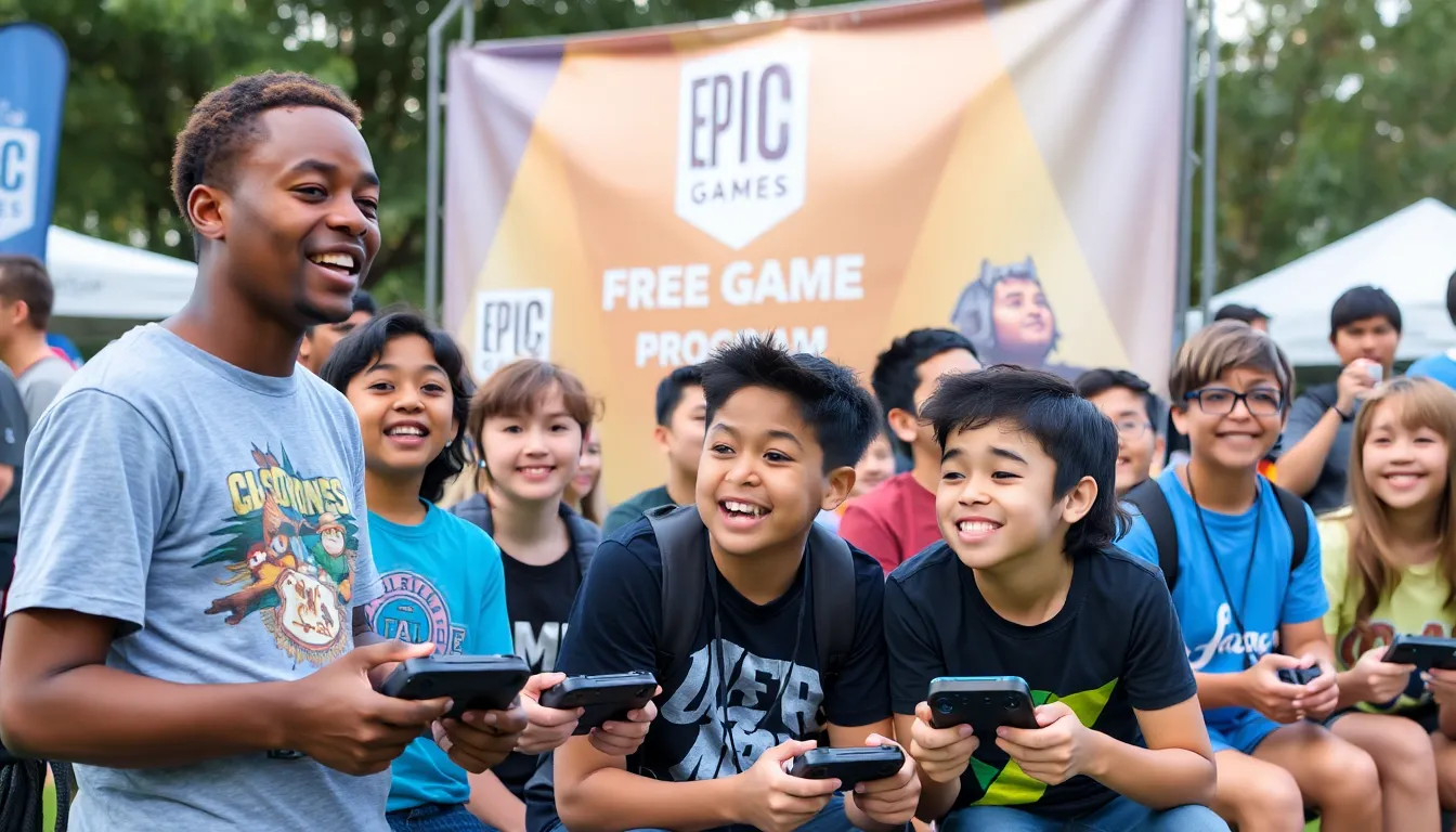 A bustling scene of gamers excitedly discussing their favorite free games, highlighting the community aspect and increased interaction within the Epic Games Store