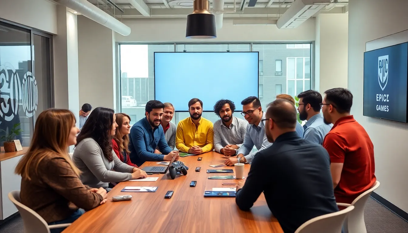 A group of gamers eagerly discusses the upcoming launch of the Epic Games Store on the next Xbox console, surrounded by gaming merchandise and promotional posters.