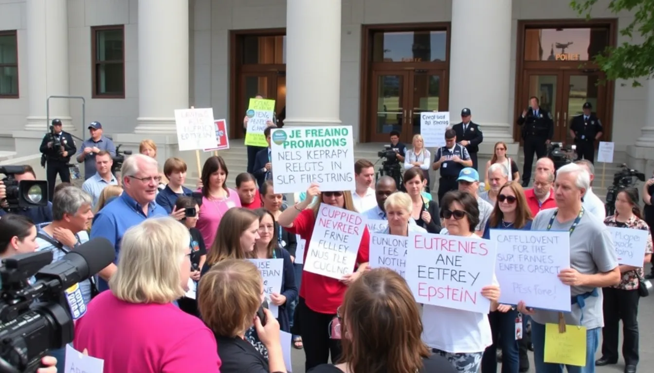 a crowd gathers outside a courthouse, holding signs and banners demanding justice for victims of Jeffrey Epstein as new evidence emerges in the ongoing investigation.