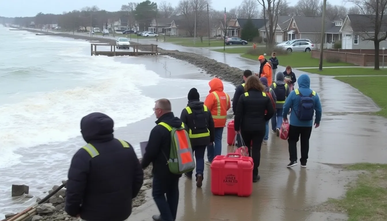 Waves crash violently against the shoreline of Lake Erie, flooding coastal areas and highlighting the effects of severe storm surges on local infrastructure.