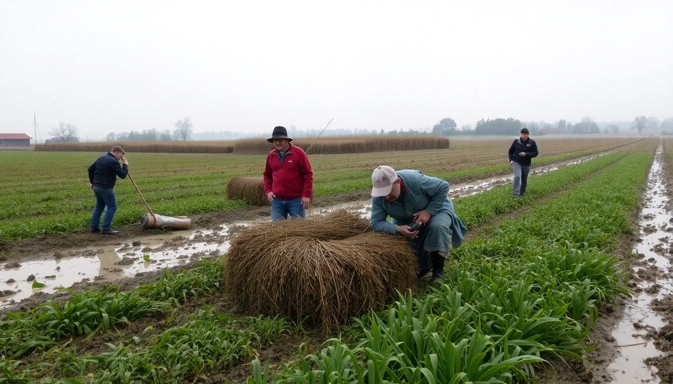 Farmers in rural areas assess their waterlogged fields, expressing concern over potential crop damage from the ongoing wet weather