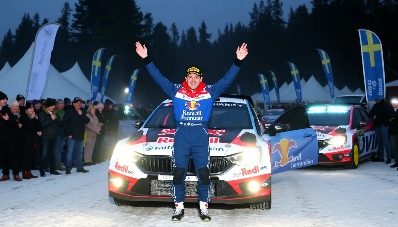 Elfyn Evans celebrates his victory at Rally Sweden, raising his arms in triumph as snowflakes swirl around him and the Toyota Gazoo Racing car is parked in the background.