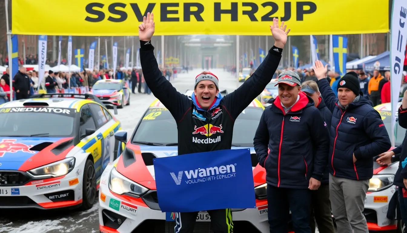 ラリー・スウェーデンの美しい雪景色の中で、エバンス選手の車が疾走している場面