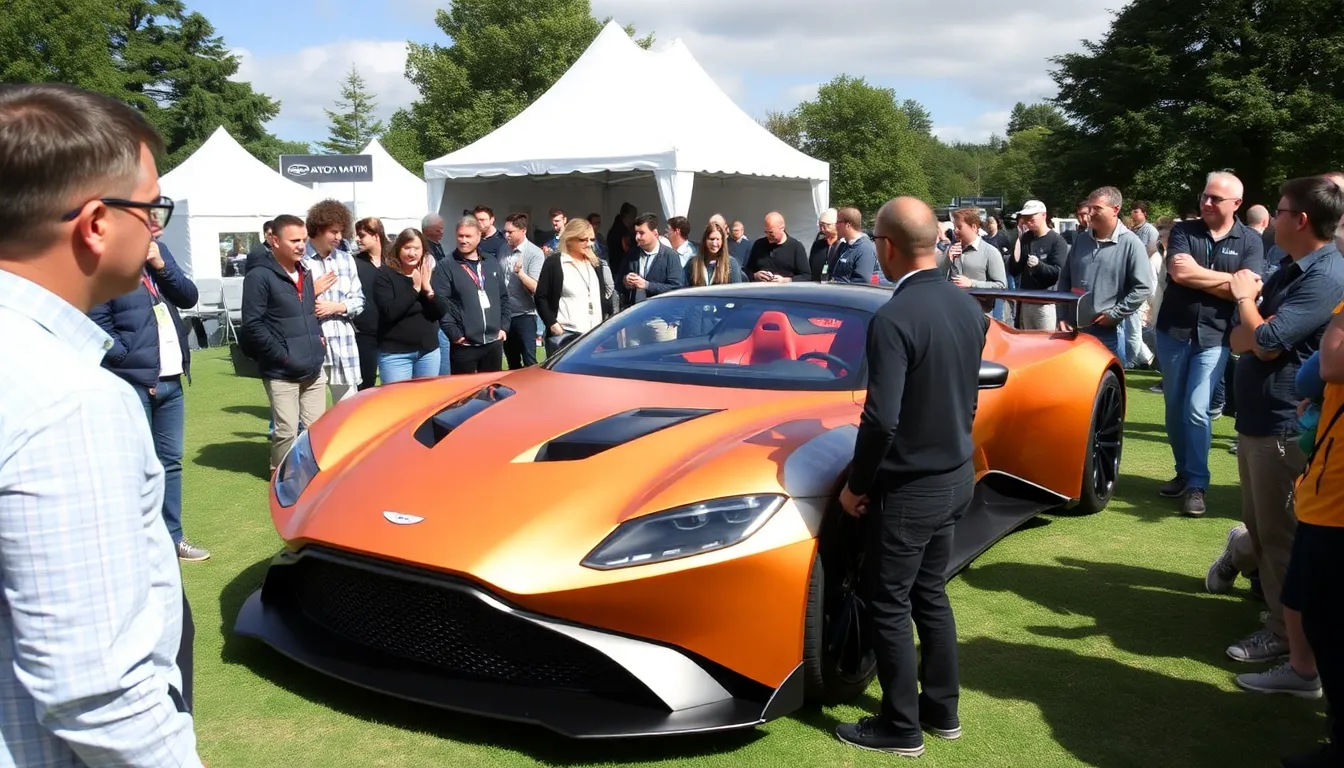 A group of enthusiastic Formula 1 fans gather around a large screen, eagerly discussing the newly unveiled Aston Martin AMR26 livery during a livestreamed event.