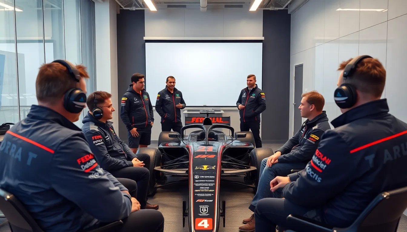 A group of Formula 1 team representatives discusses new regulations and strategies in a bustling paddock as the sport prepares for its 2026 transition.