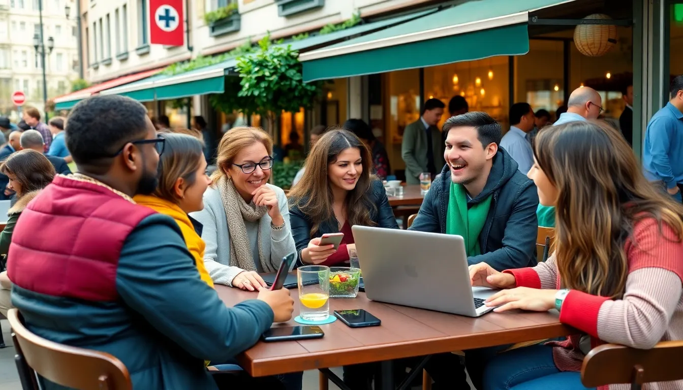 A group of people gathers in a park, excitedly discussing their experiences of good fortune in February while holding signs that read "February Luck" and sharing stories on their smartphones.