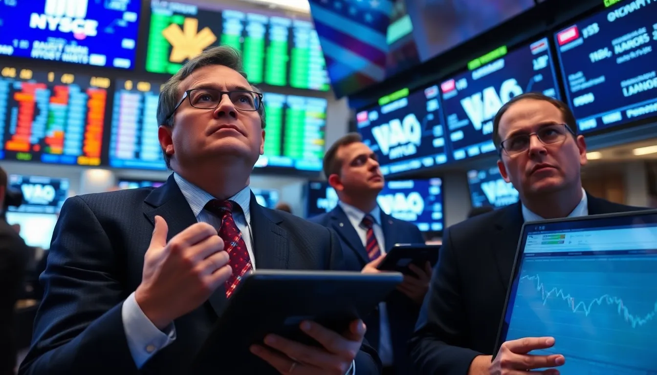 Traders watch stock prices fluctuate on digital screens in a bustling financial district following alarming reports about the risks of artificial intelligence.