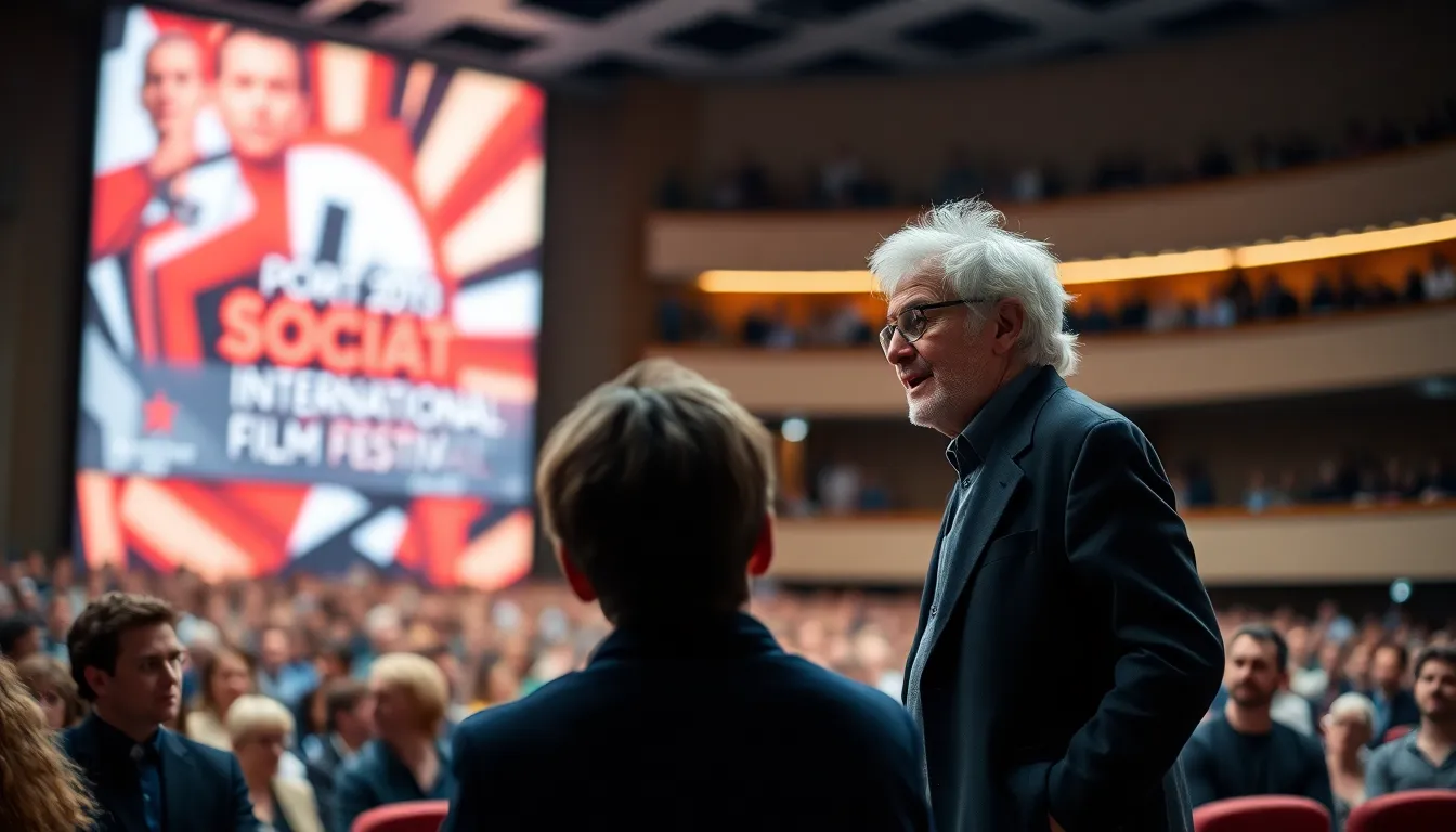 Wim Wenders speaks to an audience at a film festival, passionately discussing the influence of cinema on personal and cultural experiences.