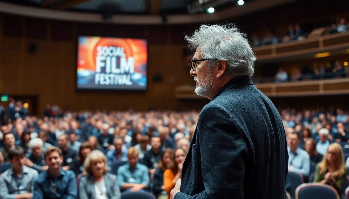 A bustling film set where actors immerse themselves in their roles, highlighting the connection between cinema and human experiences