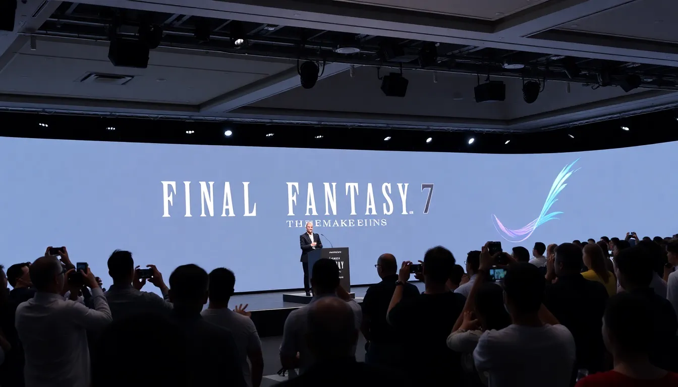 A group of excited gamers gathers at a gaming convention, eagerly discussing the upcoming release of Final Fantasy 7 Remake 3 while surrounded by promotional banners and merchandise.