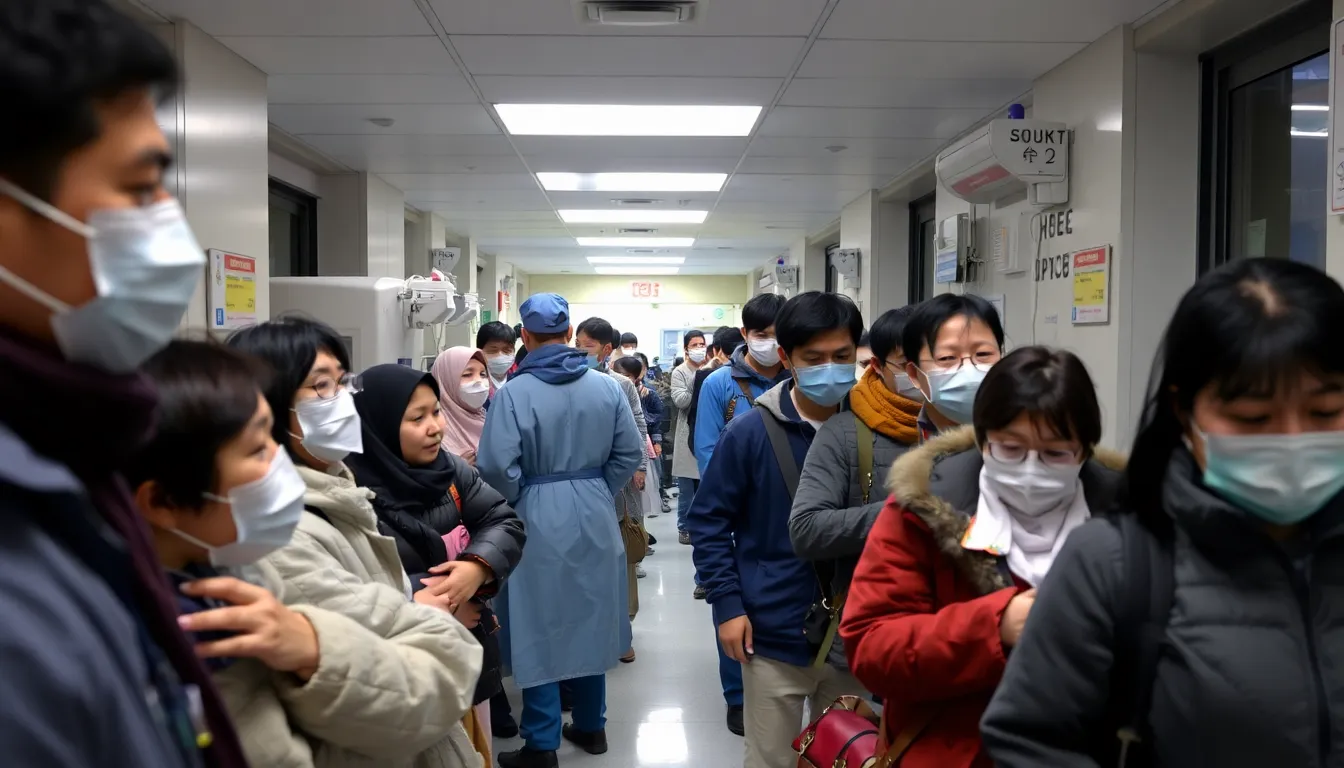 Healthcare workers attend to patients in a busy hospital emergency department, where the increase in flu cases has led to a surge in patient visits and heightened activity among medical staff.