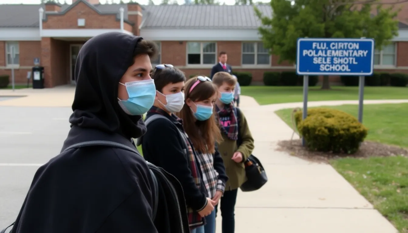 Students in a classroom wearing masks sit at their desks while a teacher stands at the front, addressing the class amid rising flu cases that have led to increased absenteeism.