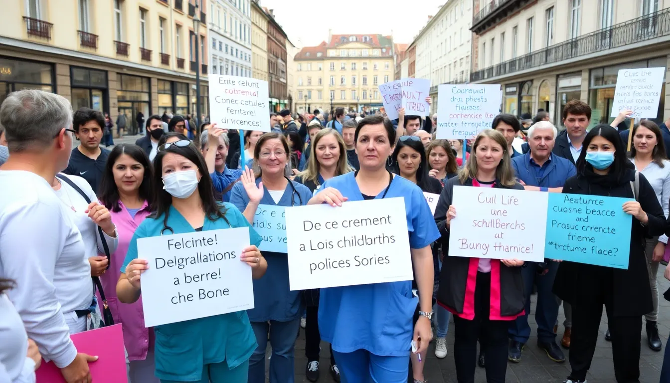 A group of concerned parents and healthcare professionals gather outside a government building in France, holding signs advocating for clearer fertility policies and better access to reproductive health services.