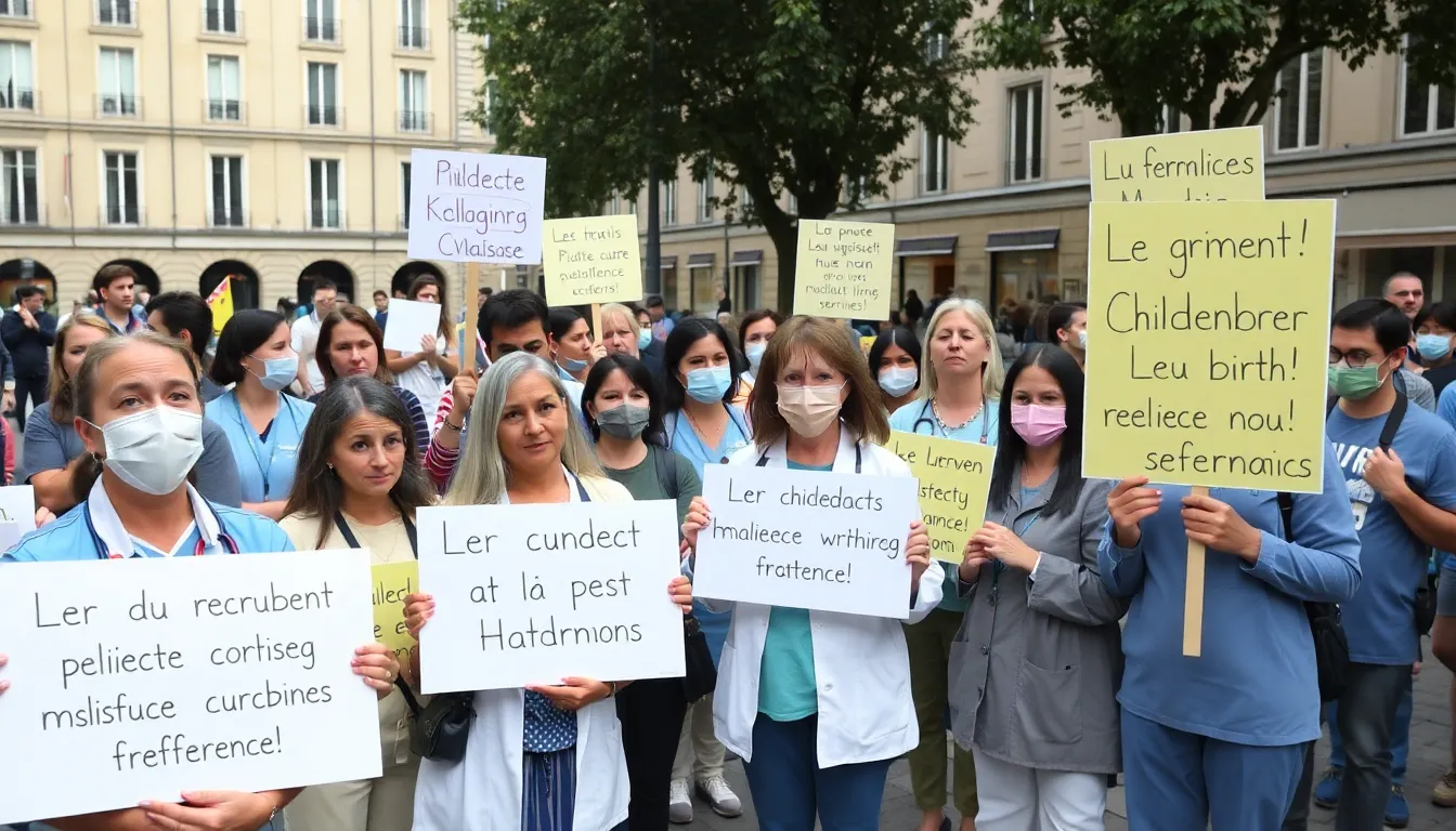 Advocacy group members organizing a campaign to raise awareness about infertility challenges and the need for supportive policies in France